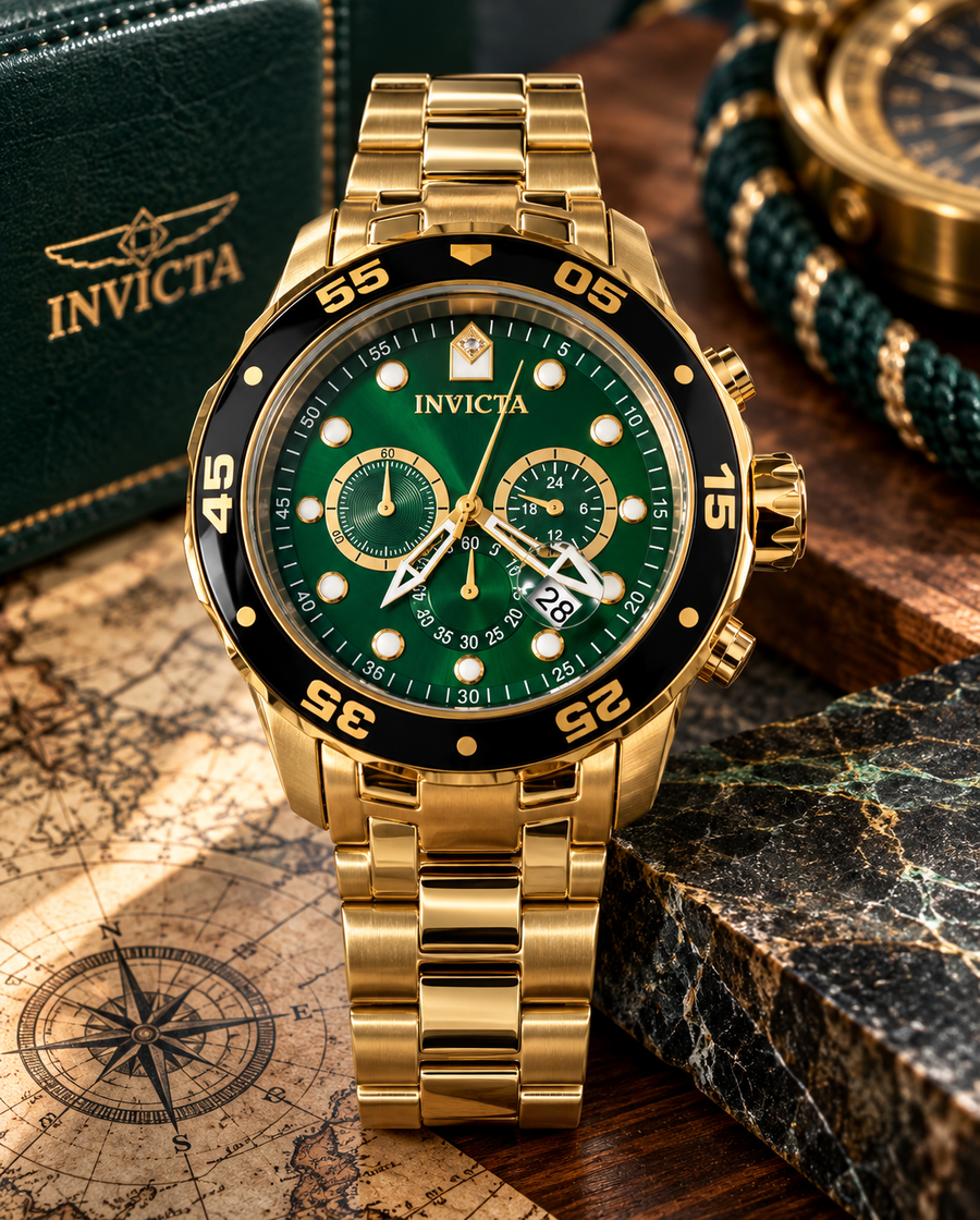 Invicta Pro Diver SCUBA 0075 men's gold and green chronograph watch, 48mm