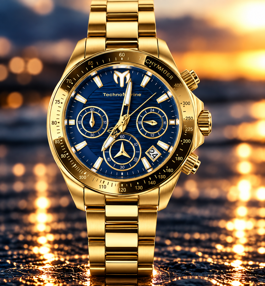 TechnoMarine Manta Ray TM-219006 men's gold and blue chronograph watch, 42mm