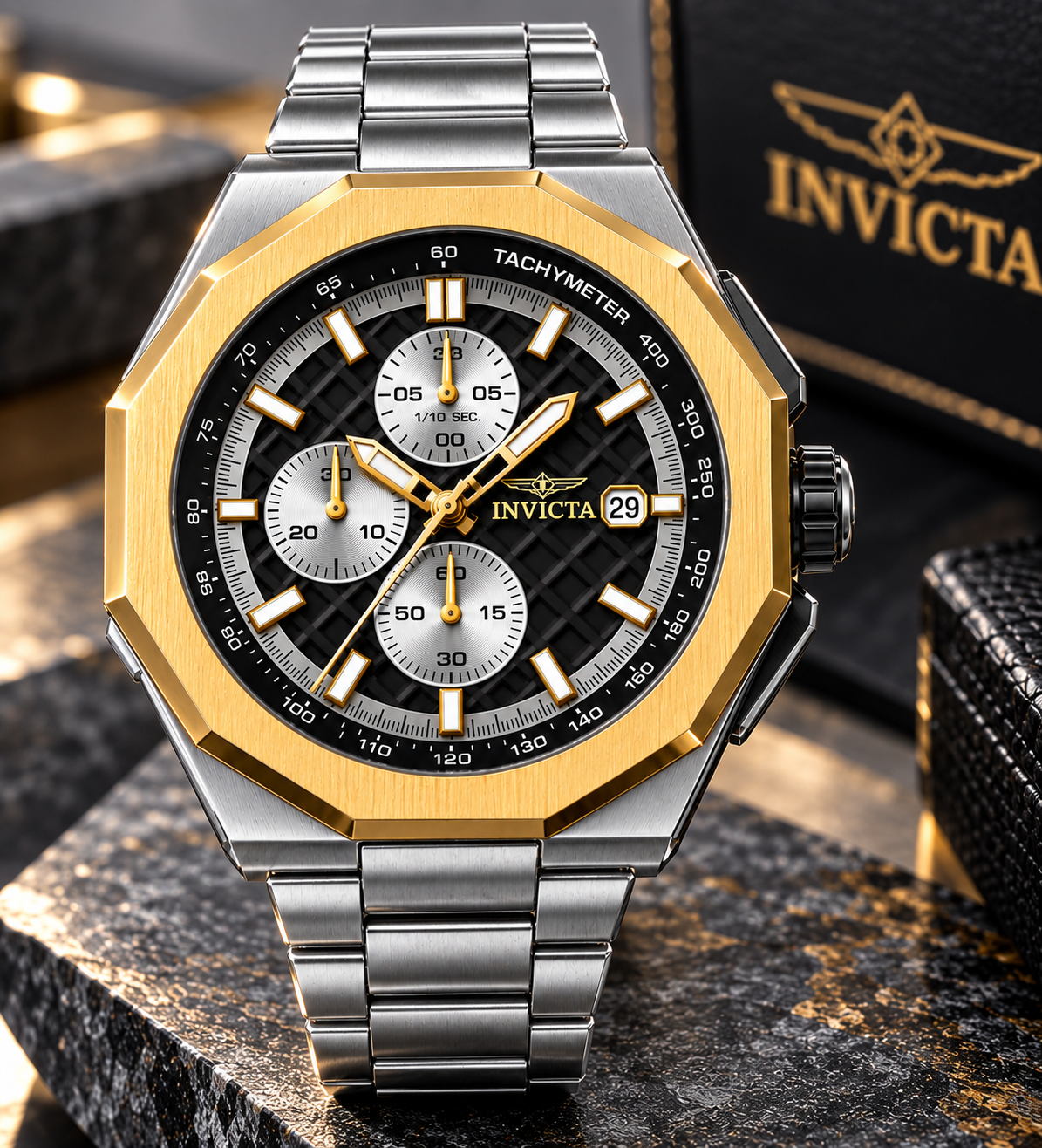 Invicta Akula Ironshard 47392 men's black and gold chronograph watch, 48mm