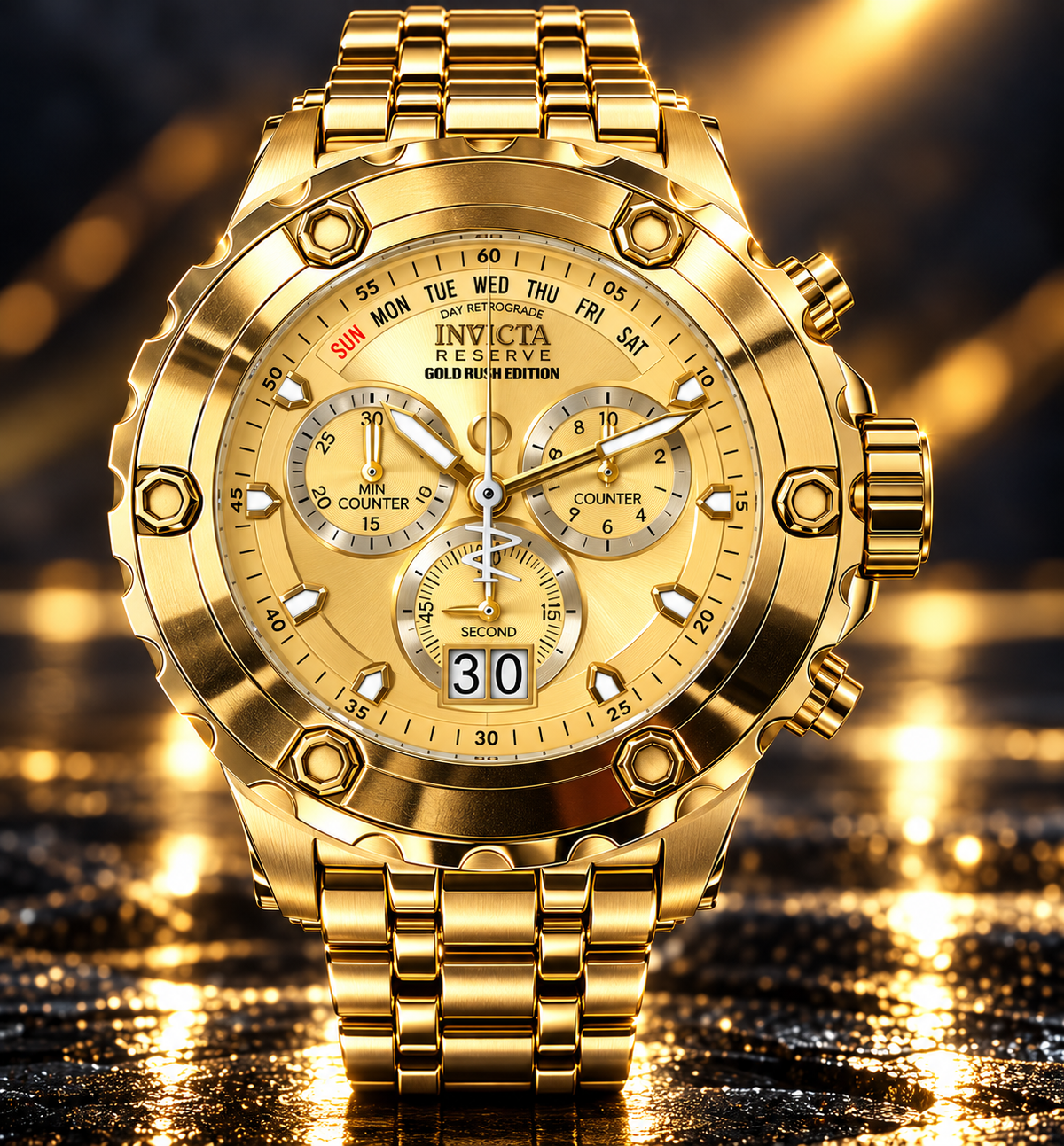 Invicta Reserve Gold Rush 48607 men's gold chronograph watch, 52mm