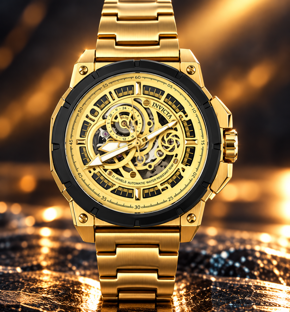 Invicta S1 Rally 69509 men's gold automatic skeleton watch, 43mm