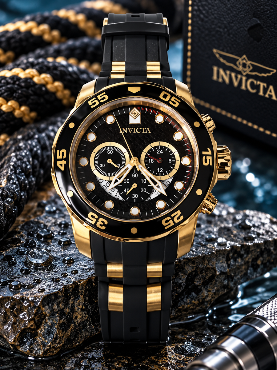 Invicta Pro Diver SCUBA 6981 men's black and gold chronograph watch, 48mm