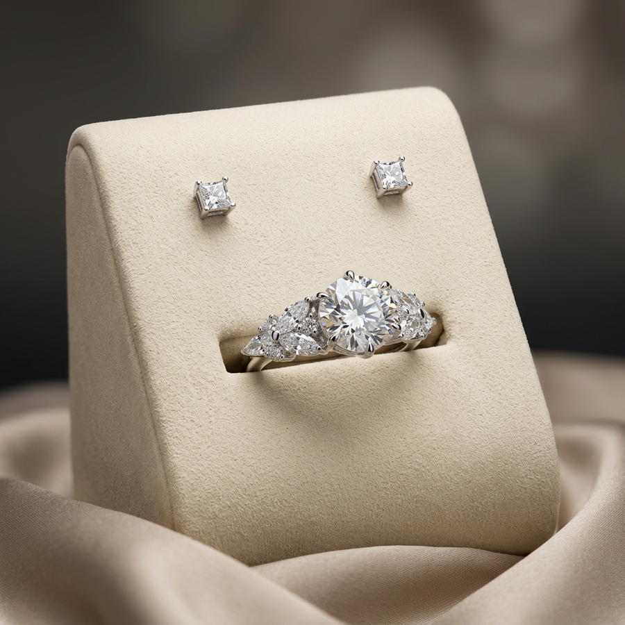 BIBI Jewelry 4.1ct Moissanite Ring & Earrings Set – S925, Ring Size 9