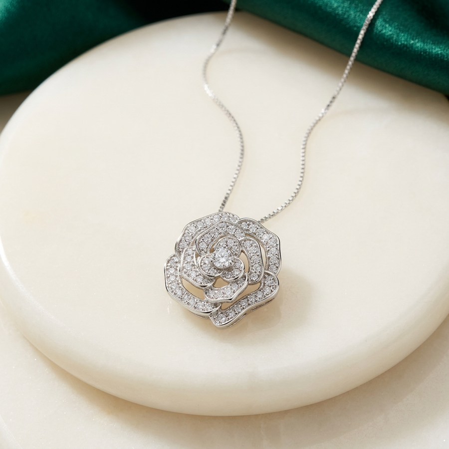 BiBi 1 Carat Moissanite Rose Flower Pendant Necklace in S925 Sterling Silver