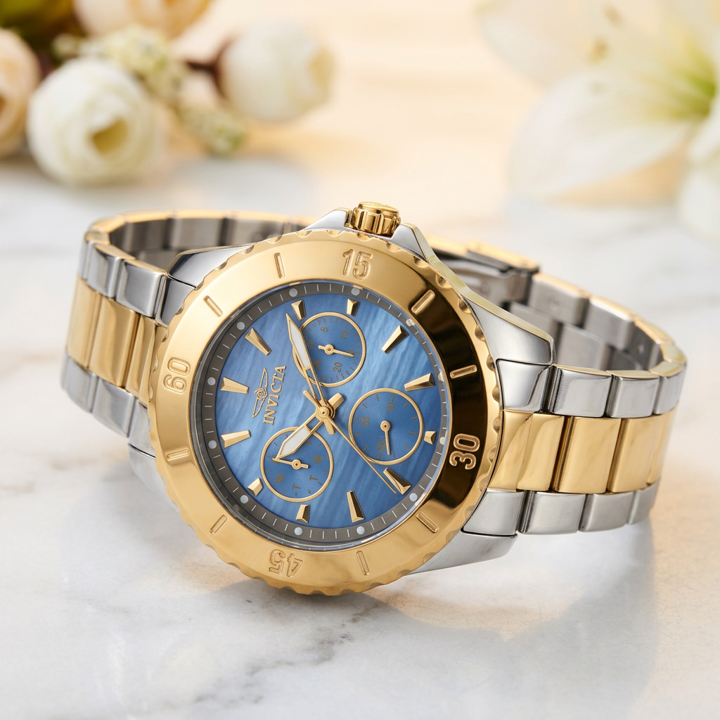 Invicta Angel Women's Quartz Watch #29112 – Two-Tone Blue MOP Dial & GMT