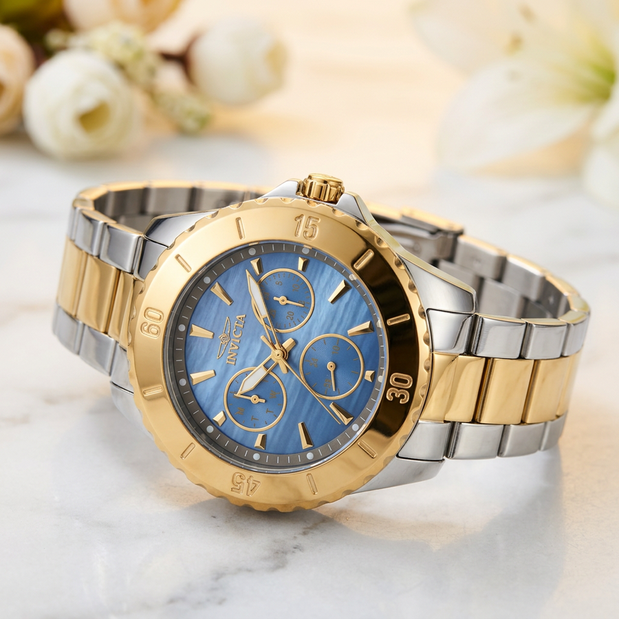 Invicta Angel Women's Quartz Watch #29112 – Two-Tone Blue MOP Dial & GMT