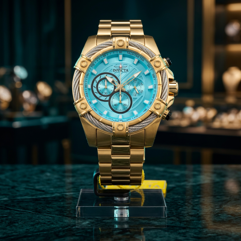 Invicta Bolt Valkir 69803 52mm Aqua Blue Dial Gold Chronograph Watch