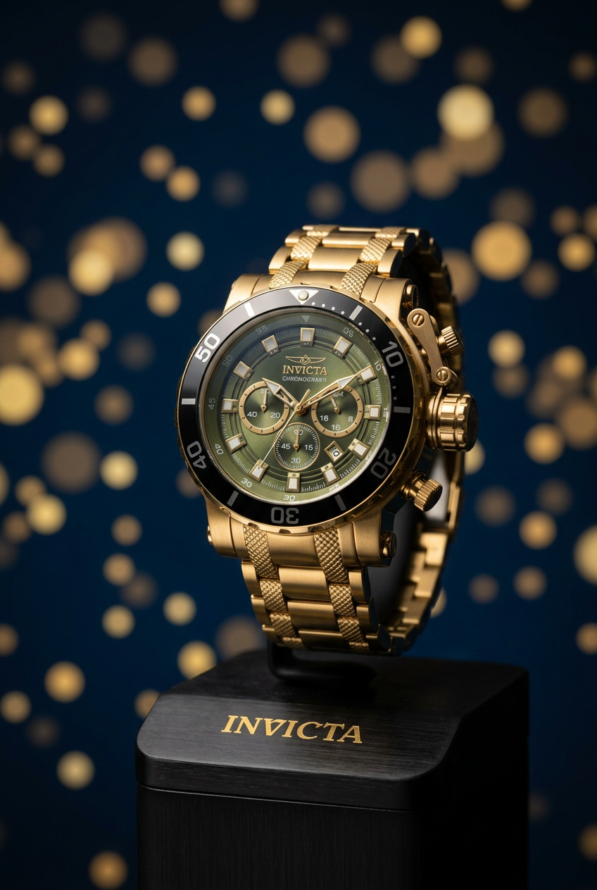 Invicta Nighthawk #49227 - Black Invicta Stand Navy Gold Scene