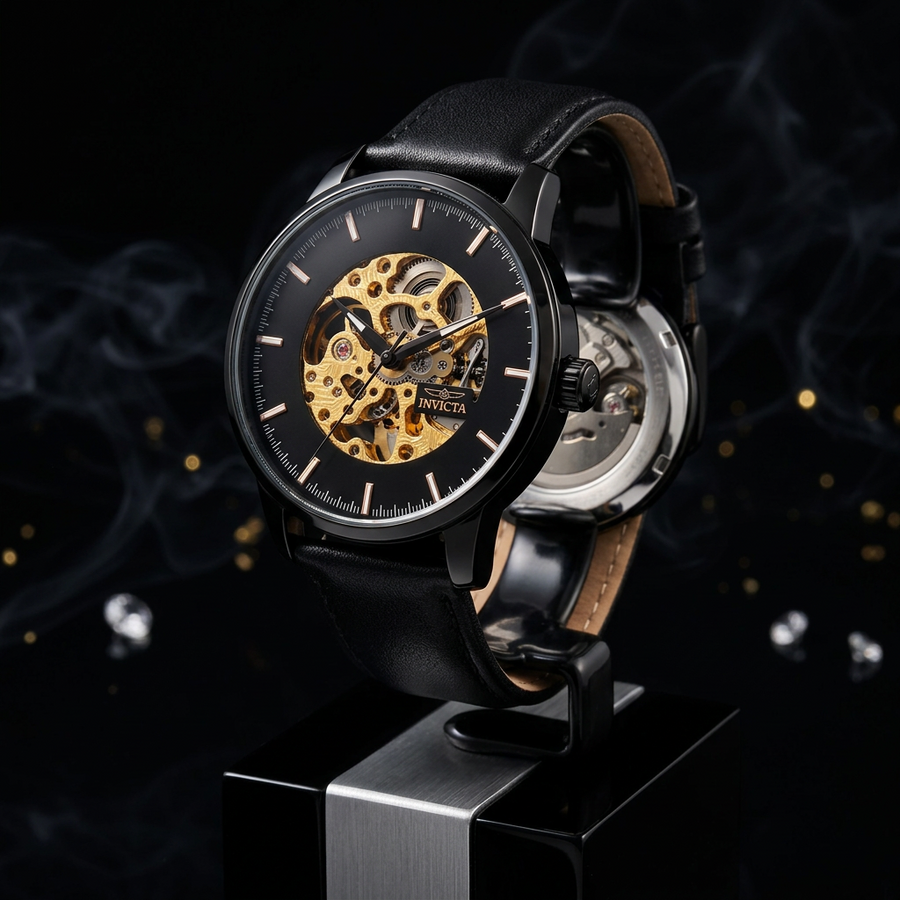 Invicta Objet d'Art Men's Automatic Skeleton Watch #70030 – 45mm All-Black Leather