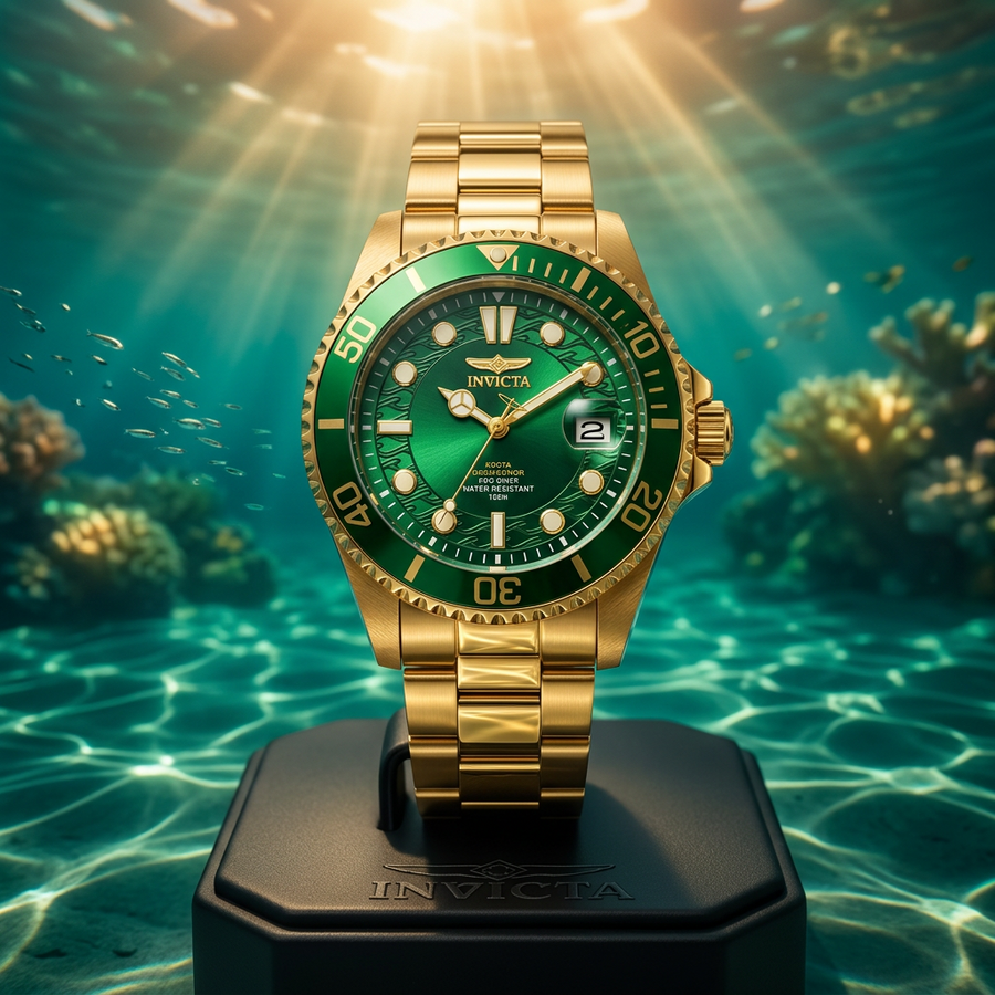 Invicta Pro Diver Men's Quartz Watch #30027 – 43mm Gold-Tone Green Dial 100m WR