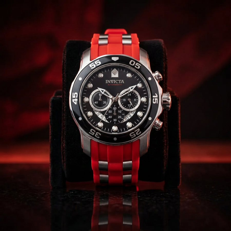 Invicta Pro Diver SCUBA Chronograph GMT Men's Watch #34009 – 48mm Black Dial Red Strap