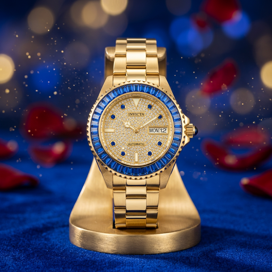 Invicta Pro Diver Lady Women's Automatic Watch #49622 – Gold Pavé & Blue Crystal Bezel