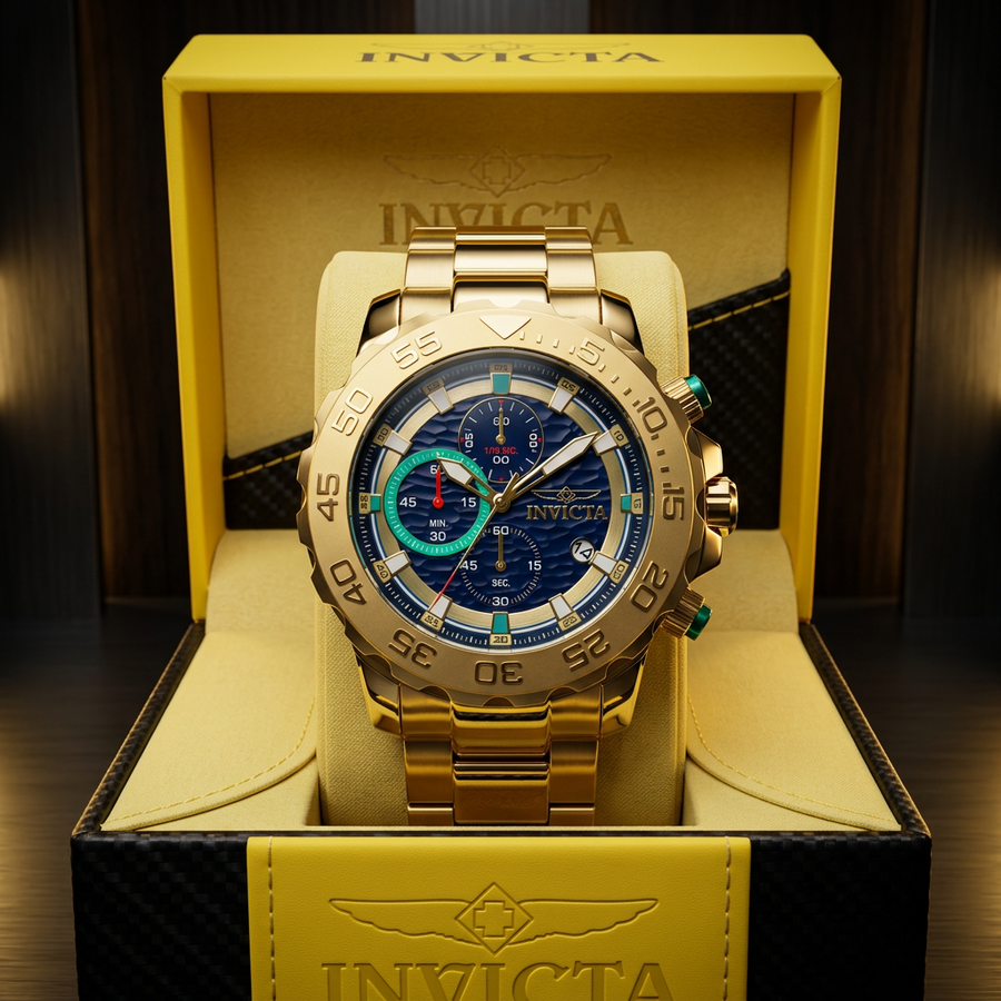Invicta Pro Diver Planiplex Men's Watch #50249 – 54mm Gold Blue Chronograph Quartz