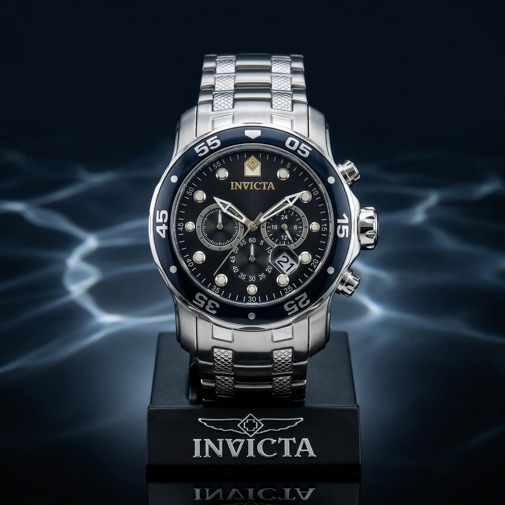 Invicta Pro Diver SCUBA Chronograph Men's Watch #0069 – 48mm Silver Steel Black Dial 200m WR