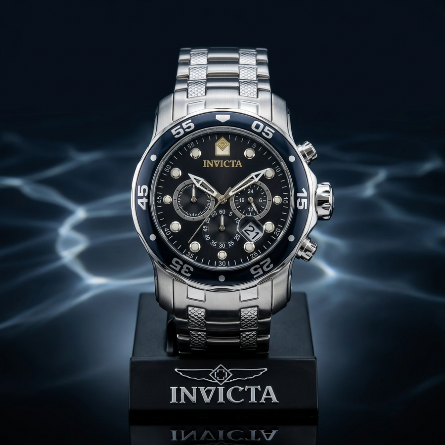Invicta Pro Diver SCUBA Chronograph Men's Watch #0069 – 48mm Silver Steel Black Dial 200m WR