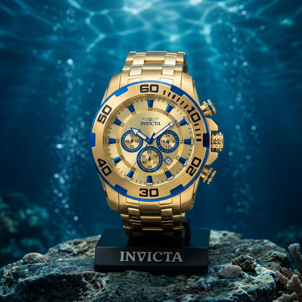 Invicta Pro Diver SCUBA Chronograph Men's Watch #22320 – 50mm Gold Blue Accents Quartz