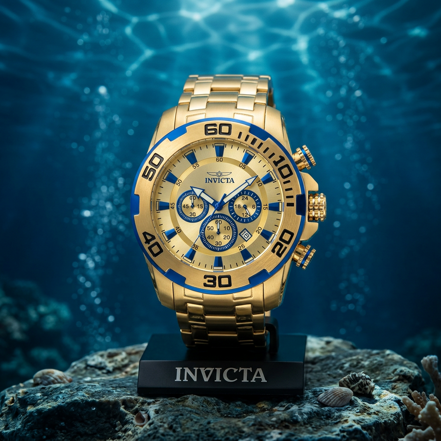 Invicta Pro Diver SCUBA Chronograph Men's Watch #22320 – 50mm Gold Blue Accents Quartz