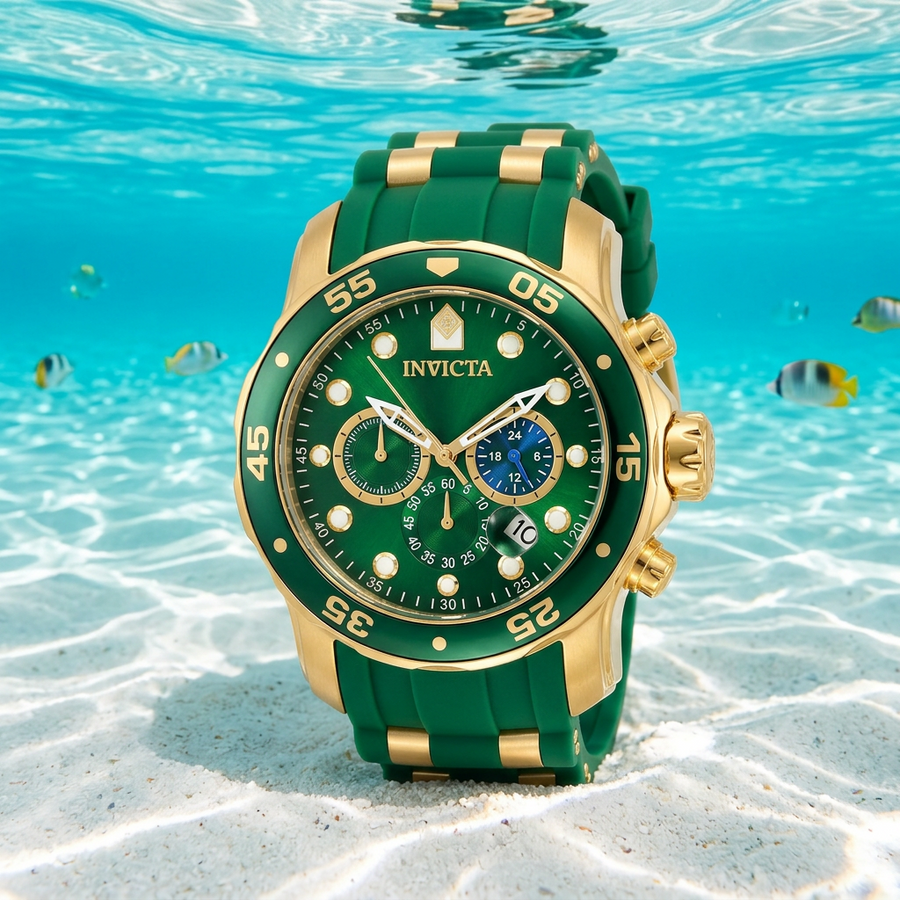Invicta Pro Diver Scuba 48mm – Green Sunburst Dial Gold-Tone Chronograph Quartz #18196