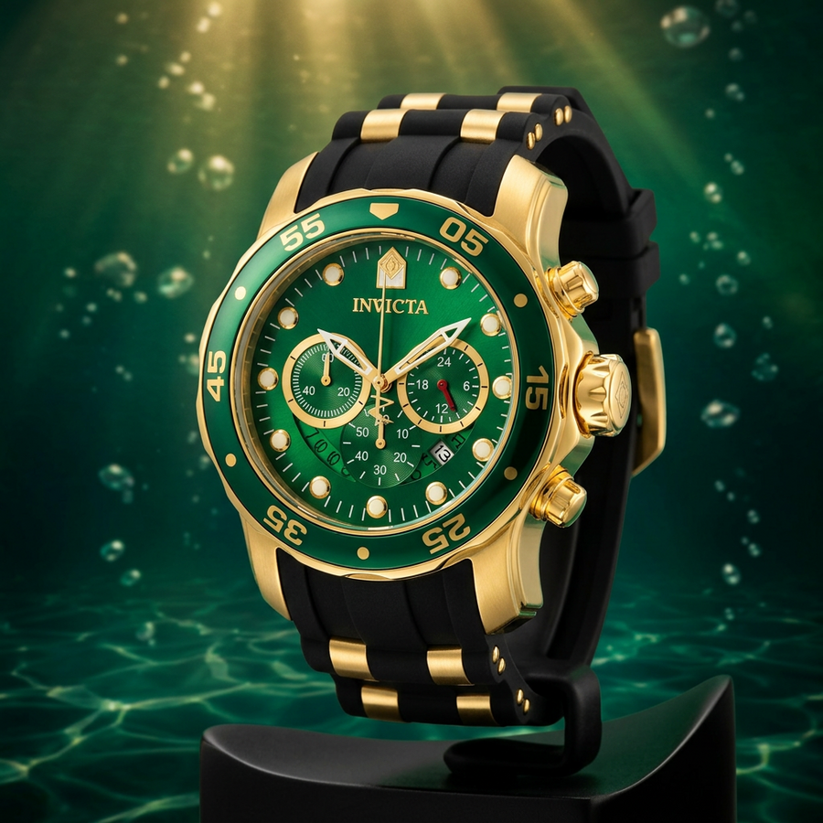 Invicta Pro Diver SCUBA Chronograph Men's Watch #6984 – 48mm Gold Green Dial Black Rubber