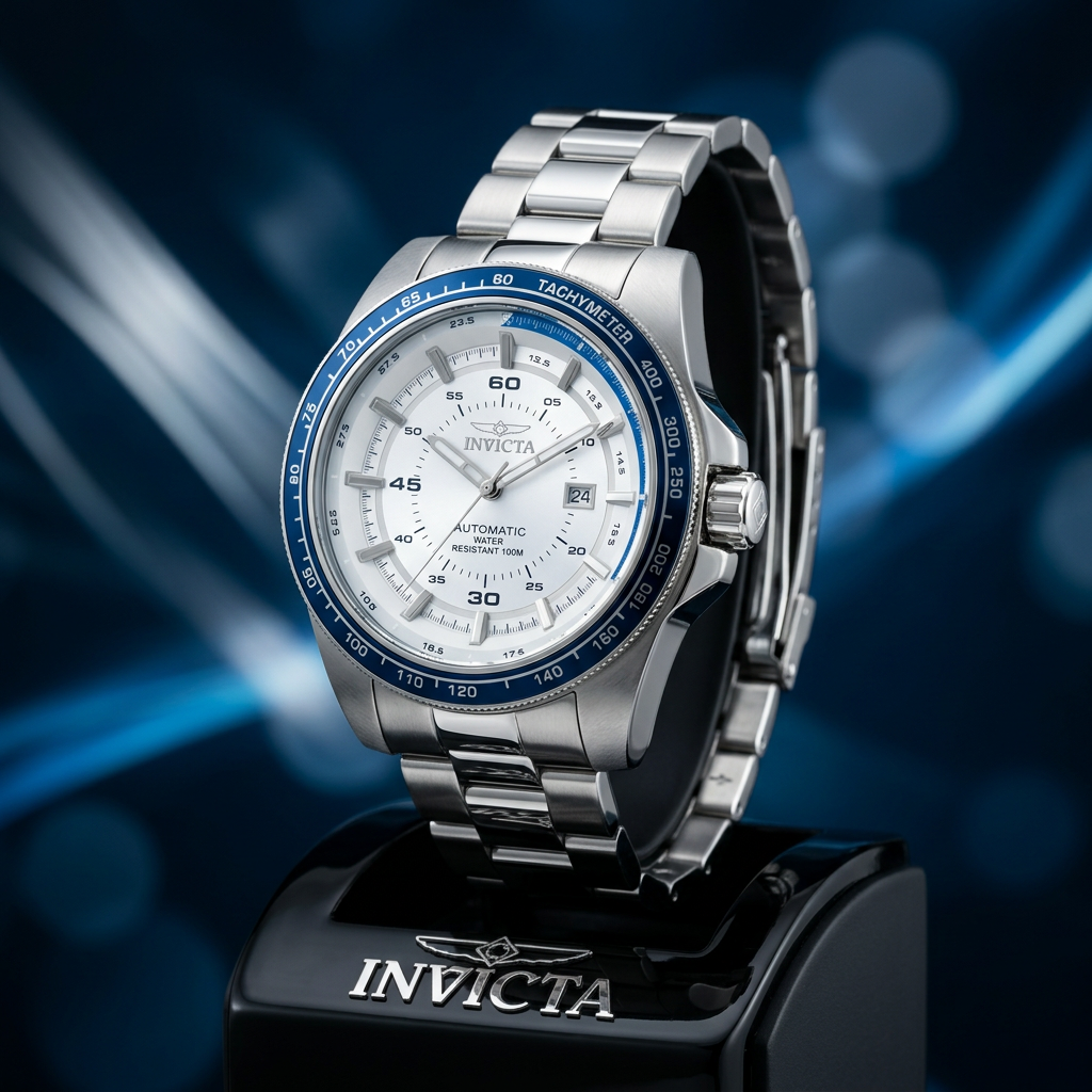 Invicta Speedway Men's Automatic Watch #48074 – 50mm Silver Steel White Dial Blue Bezel
