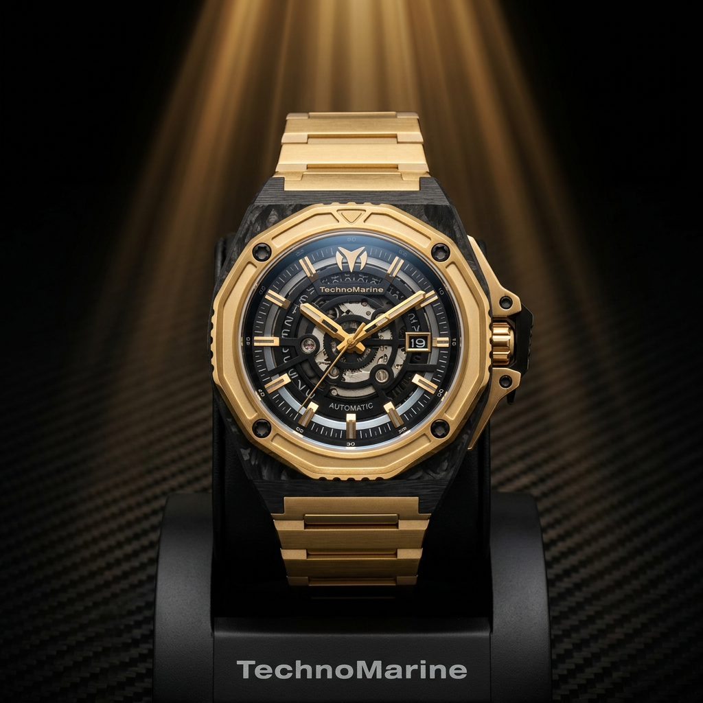 TechnoMarine Carbon Nautic Automatic Men's Watch #TM-525042 – 45mm Forged Carbon Gold Skeleton