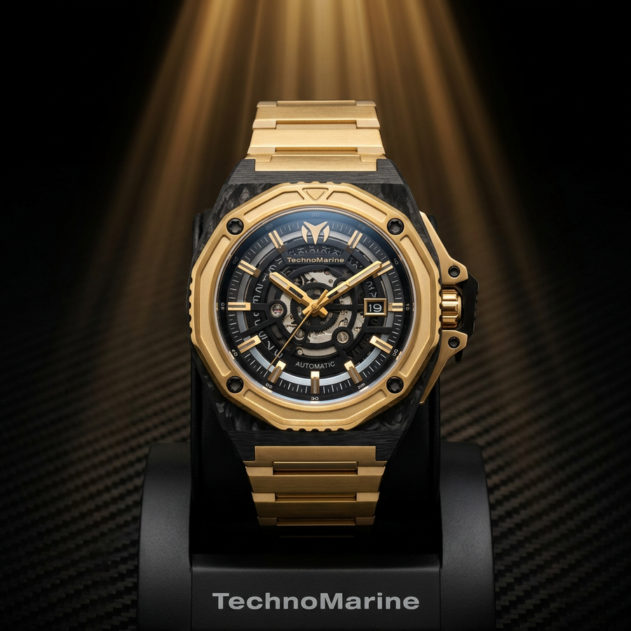 TechnoMarine Carbon Nautic Automatic Men's Watch #TM-525042 – 45mm Forged Carbon Gold Skeleton